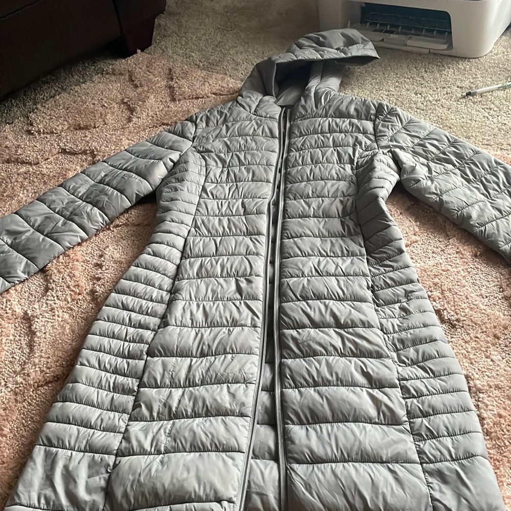 COPY - Barely used light weight gray packable coat size medium with pockets and…